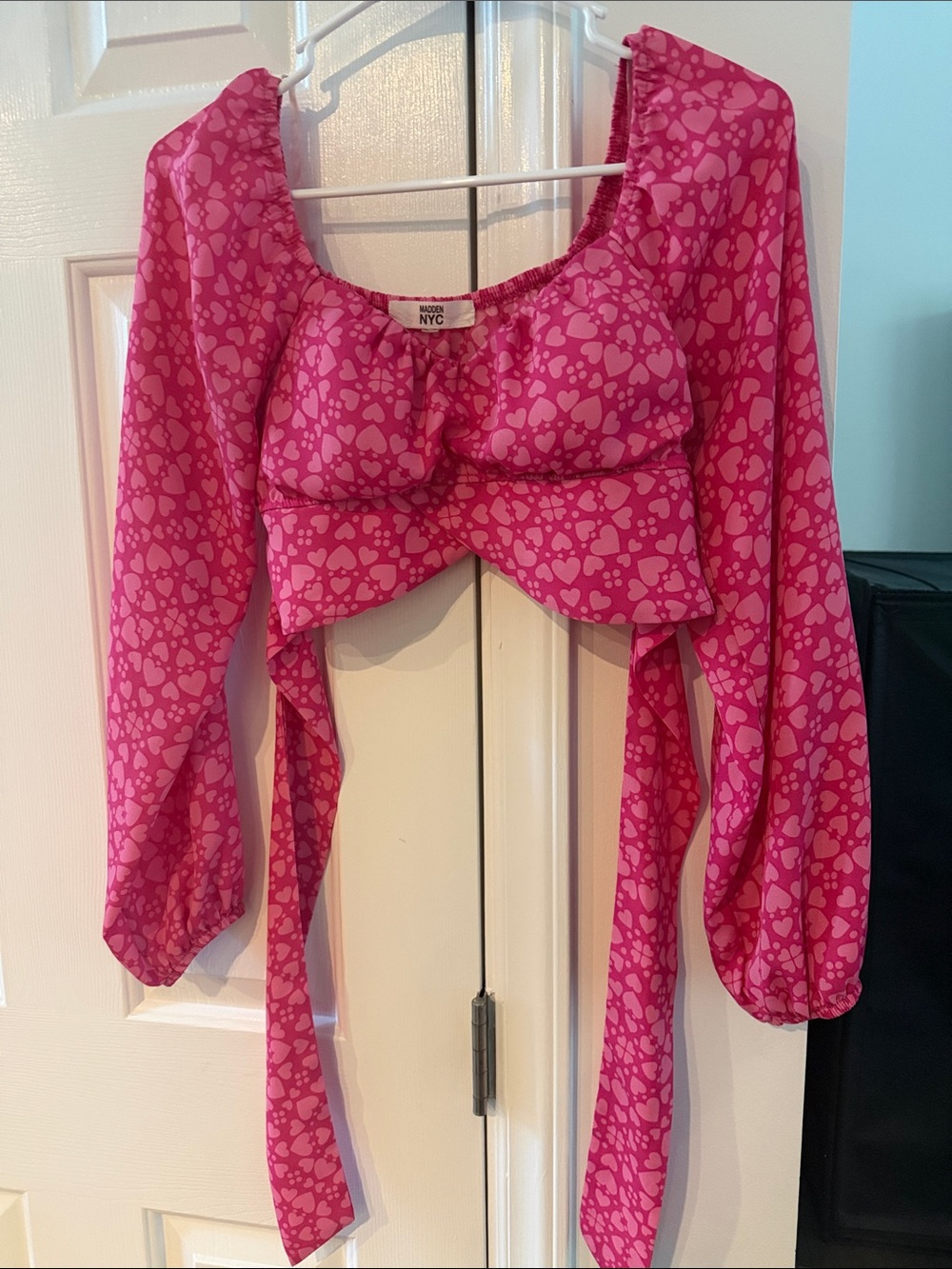Steve Madden Hot Pink Heart-Print Long Sleeve Tie-Front Crop Top